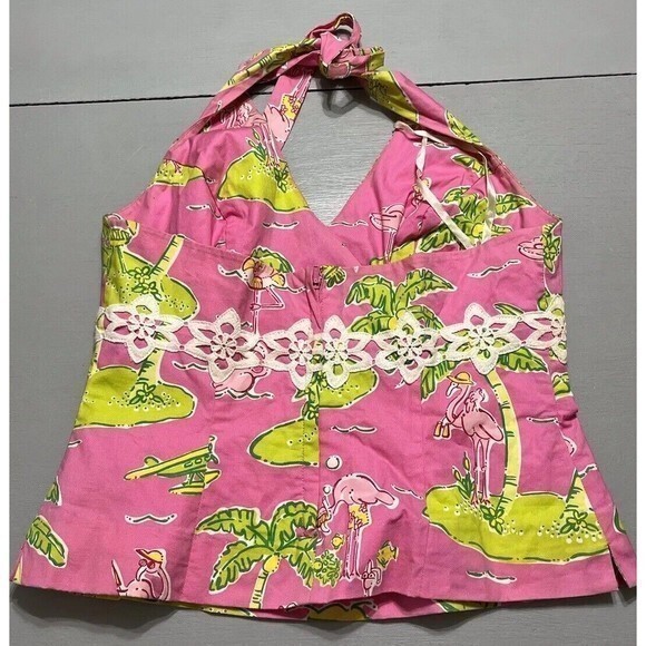 Lilly Pulitzer Tops - Lilly Pulitzer Halter Top Size 2 Pink Flamingo Island Vacation Cruise Boating